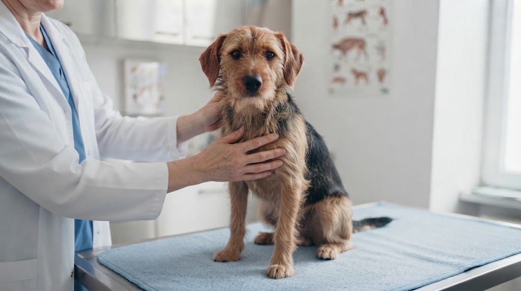 Veterinár vyšetruje psa pre opakované svalové kŕče